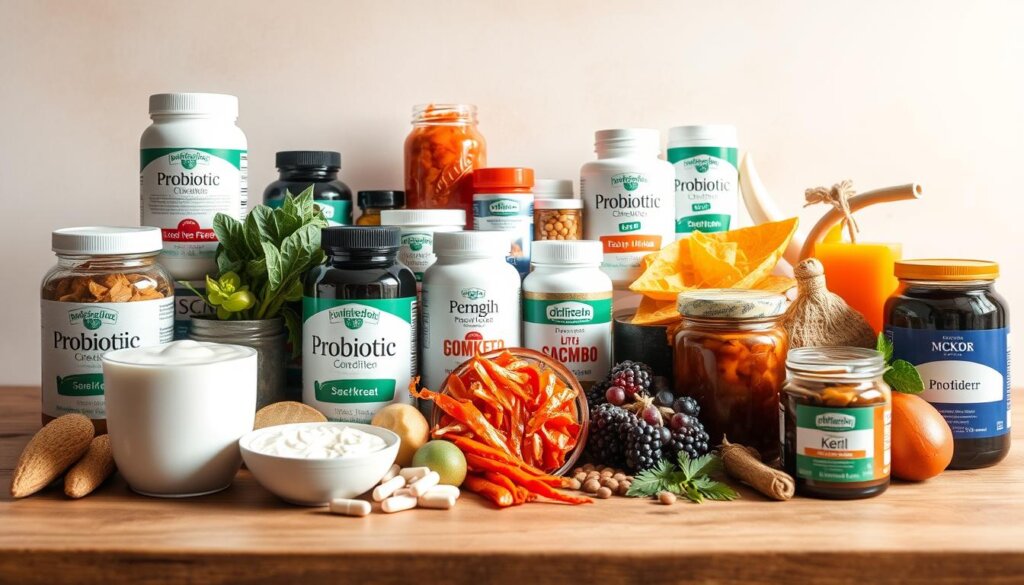 A vibrant still life composed of an assortment of probiotic-rich foods and supplements on a wooden table, meticulously arranged against a soft, neutral background. In the foreground, an assortment of fermented foods such as yogurt, kefir, sauerkraut, and kimchi, with their distinctive colors and textures. In the middle ground, various probiotic capsules and powder supplements, their labels clearly visible. The lighting is natural and diffused, creating a warm, inviting atmosphere that highlights the healthy, nourishing qualities of the items. The overall composition is balanced, with a focus on showcasing the diversity of probiotic sources for optimal gut health.