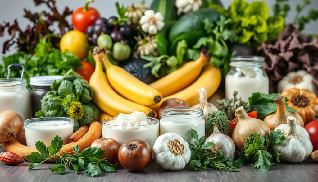 A vibrant still life composition showcasing a variety of synbiotic food pairings. In the foreground, an assortment of fermented probiotic-rich foods, such as yogurt, kefir, and sauerkraut, are artfully arranged alongside a selection of prebiotic-dense ingredients, including bananas, onions, and garlic. The middle ground features a variety of leafy greens, herbs, and other vibrant produce, creating a lush, colorful backdrop. Lighting is soft and natural, highlighting the textures and colors of the ingredients. The overall mood is one of wellness, balance, and the synergistic power of probiotics and prebiotics working in harmony. Captured with a shallow depth of field, drawing the viewer's attention to the synbiotic pairings at the heart of the composition.
