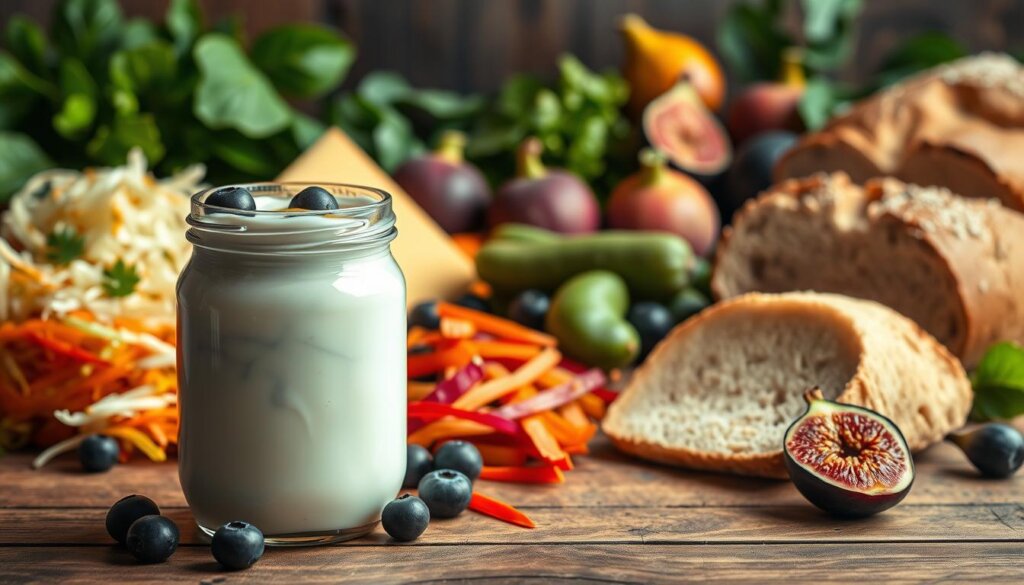 A vibrant still life showcasing an assortment of probiotic-rich foods. In the foreground, a glass mason jar filled with creamy, tangy yogurt, garnished with fresh blueberries and a drizzle of honey. Surrounding it, an artful arrangement of fermented vegetables - crisp sauerkraut, tangy kimchi, and crunchy pickles - arranged on a rustic wooden table. In the middle ground, a wedge of soft, aged cheese and a loaf of freshly baked sourdough bread. The background features leafy greens, ripe figs, and other seasonal produce, hinting at the abundance of natural probiotic sources. The lighting is warm and inviting, accentuating the colors and textures of the scene. Captured with a shallow depth of field, creating a sense of depth and focus on the probiotic-rich star ingredients.