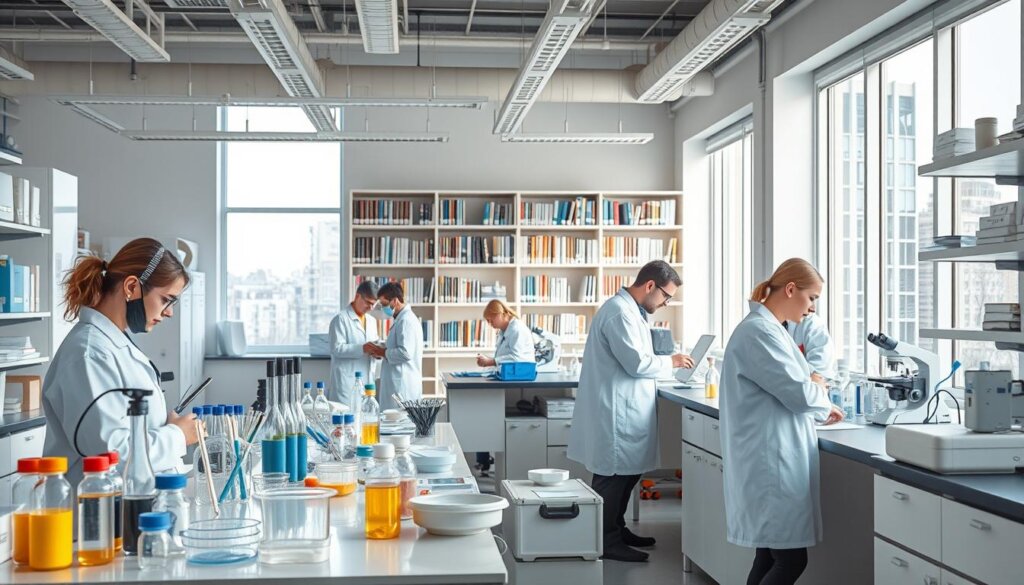 A well-equipped research laboratory with modern scientific instruments and equipment. In the foreground, a team of scientists in white lab coats are studying various test tubes, petri dishes, and microscopes. The middle ground features rows of bookshelves filled with scientific journals and textbooks. The background showcases large windows allowing ample natural light to illuminate the workspace, creating a serene and productive atmosphere conducive to in-depth research. The overall scene conveys a sense of diligence, curiosity, and the pursuit of knowledge in the field of probiotics and their potential benefits for lactose intolerance.
