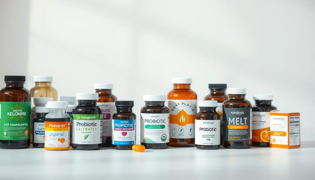 A well-lit and carefully staged studio scene showcasing an assortment of probiotic supplement bottles against a clean, minimalist background. The foreground features a diverse selection of high-quality probiotic products, arranged in an orderly and visually appealing manner. The middle ground includes informative labels and packaging, highlighting the key features and benefits of each supplement. The background maintains a soft, subtle focus, creating a sense of depth and emphasizing the subject matter. Warm, natural lighting illuminates the scene, casting gentle shadows and enhancing the visual appeal of the supplements. The overall mood is one of professionalism, expertise, and a dedication to providing clear guidance on choosing the right probiotic supplement.