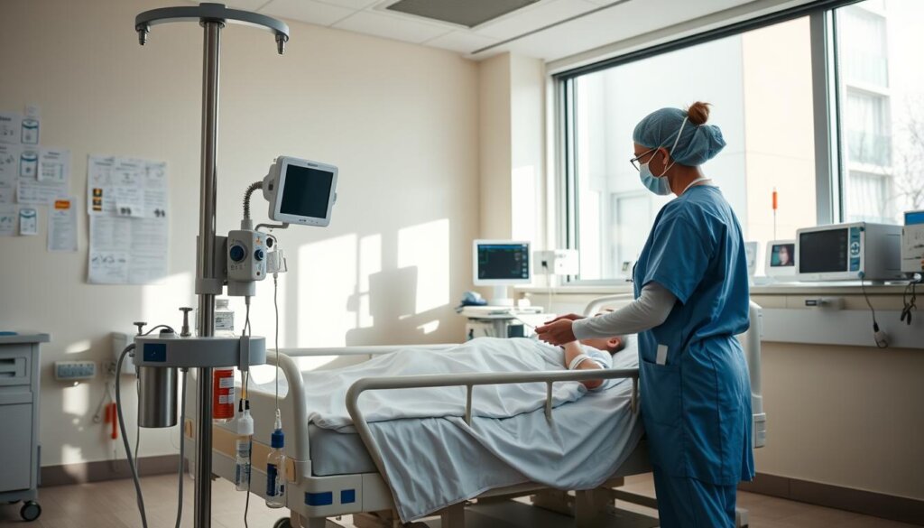 A well-lit, clean hospital room featuring a medical bed with standard safety equipment for immunocompromised patients. In the foreground, an IV stand with various medications and medical supplies. In the middle ground, a nurse in sterile attire carefully checking the patient's vitals using a digital monitor. The background showcases medical charts, diagnostic machines, and a large window allowing soft, natural lighting to fill the space, conveying a sense of care and comfort. The overall atmosphere is one of professionalism, hygiene, and patient-centric attention to detail.