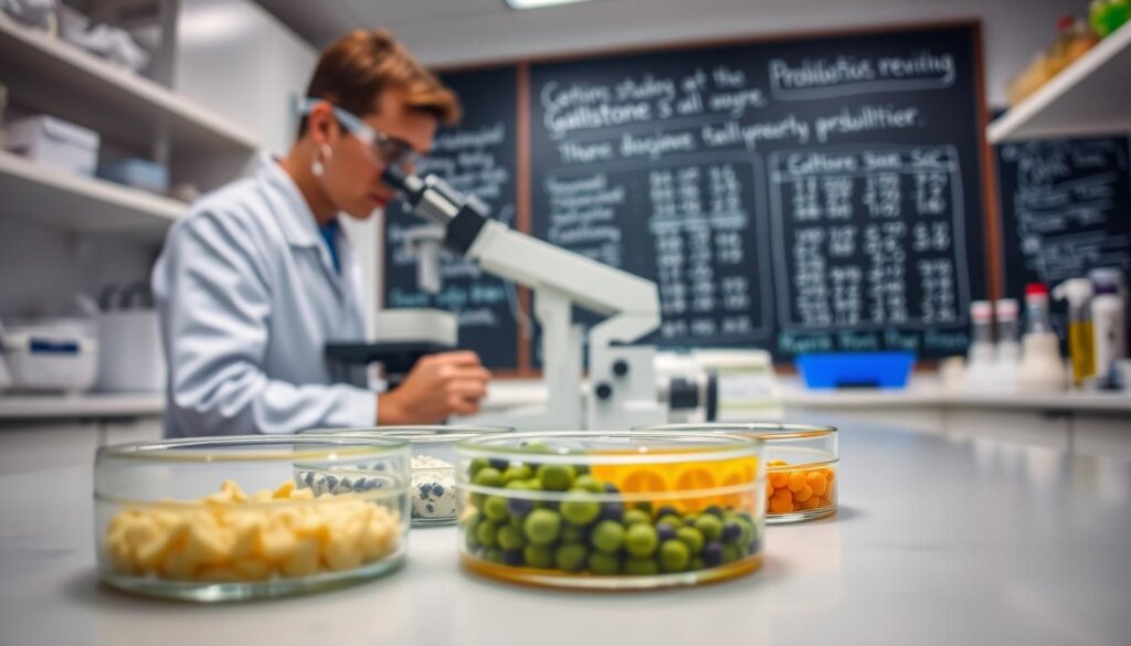 A well-lit laboratory setting, with clean, sterile countertops and scientific equipment. In the foreground, a series of petri dishes containing different probiotic cultures, meticulously arranged. In the middle ground, a researcher wearing a white lab coat and goggles, carefully examining the samples under a high-powered microscope. In the background, a chalkboard or digital display showcasing the results of previous studies on the effects of probiotics on gallstone formation. The overall atmosphere is one of diligent, focused research, with a sense of scientific inquiry and discovery.