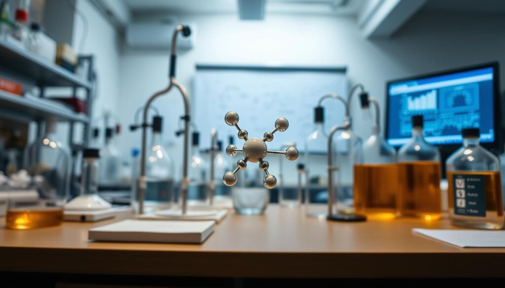 A well-lit laboratory setting, with scientific equipment and glassware prominently featured. In the foreground, a molecular model of hydrogen gas, its simple yet elegant structure depicted in vivid detail. The middle ground showcases various experiments and test tubes, hinting at the ongoing research into the properties and potential applications of molecular hydrogen. In the background, a whiteboard or computer screen displays charts, graphs, and equations, further emphasizing the scientific nature of the scene. The overall atmosphere is one of focused, meticulous investigation, with a subtle sense of wonder and discovery underlying the technical precision.