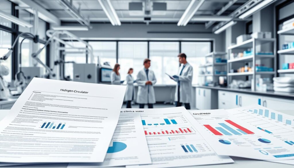 A well-lit laboratory setting with state-of-the-art medical equipment and research materials. In the foreground, a collection of scientific papers, clinical study reports, and medical charts detailing the benefits of hydrogen water for improved circulation. In the middle ground, a team of researchers in white lab coats examining test results and data. The background features modern, sleek laboratory instruments, shelves of medical supplies, and floor-to-ceiling windows allowing natural light to pour in, creating a professional, scientific atmosphere. The overall scene conveys a sense of diligent, evidence-based research into the potential health advantages of hydrogen-rich water.