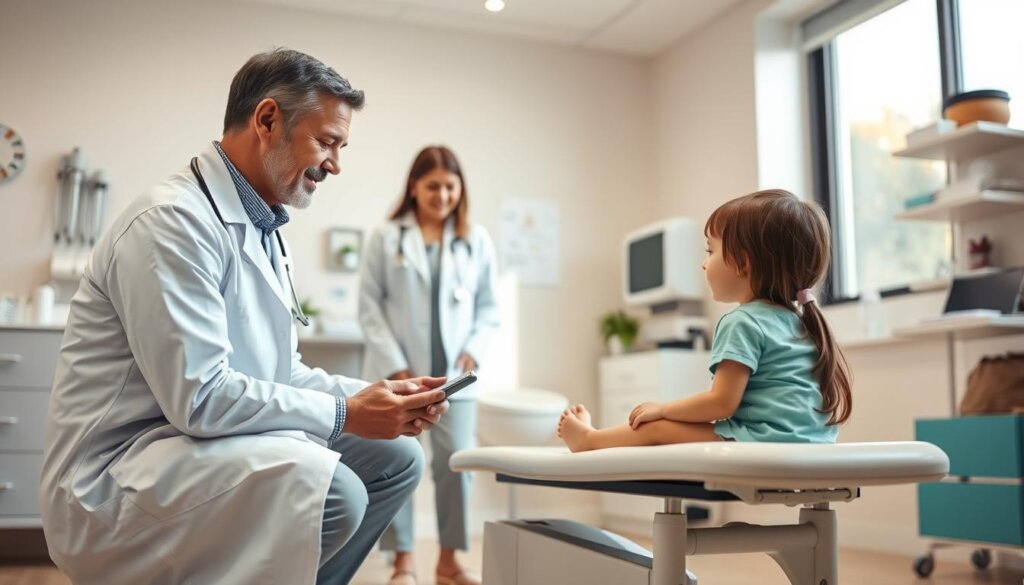 A well-lit, modern pediatric clinic interior. In the foreground, a caring physician in a white coat crouches next to a young patient sitting on an exam table, discussing probiotics. The middle ground features a parent or guardian observing the consultation intently. The background showcases soothing pastel-colored walls, medical equipment, and a window allowing natural light to flow in, creating a warm, welcoming atmosphere. The scene conveys a sense of trust, expertise, and personalized care as the doctor guides the family through the benefits and safety of probiotics for the child's well-being.