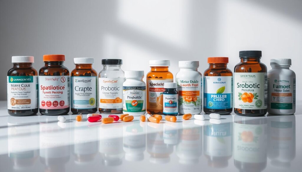 A well-lit studio scene showcasing a variety of probiotic supplement bottles and capsules. The bottles are arranged neatly on a clean, reflective surface, casting subtle shadows. The bottles feature diverse labels, colors, and shapes, representing a range of probiotic strains. The lighting is soft and diffused, creating a calming, natural ambiance. The camera angle is slightly elevated, allowing the viewer to see the products from an informative, authoritative perspective. The overall mood is one of professionalism, expertise, and thoughtful curation, reflecting the "Choosing the Right Probiotic Supplement" section of the "Wellness Group: Probiotics and Insulin Resistance Solutions" article.