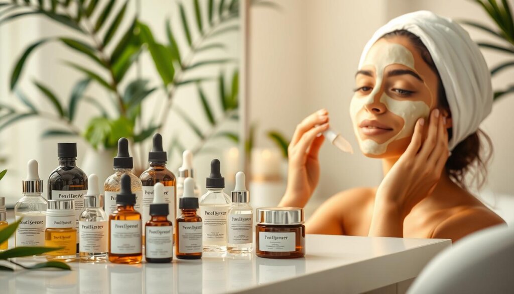 A well-lit vanity counter showcasing an assortment of probiotic skincare products. In the foreground, an array of jars, bottles, and dropper vials containing serums, moisturizers, and cleansers with probiotic ingredients. The mid-ground features a woman's hands applying a probiotic face mask, her skin glowing with a healthy, radiant complexion. The background depicts a soothing, spa-like environment with soft lighting, lush greenery, and calming neutral tones, conveying a sense of relaxation and wellness. The overall scene exudes a natural, holistic aesthetic, highlighting the benefits of incorporating probiotics into one's daily skincare routine.