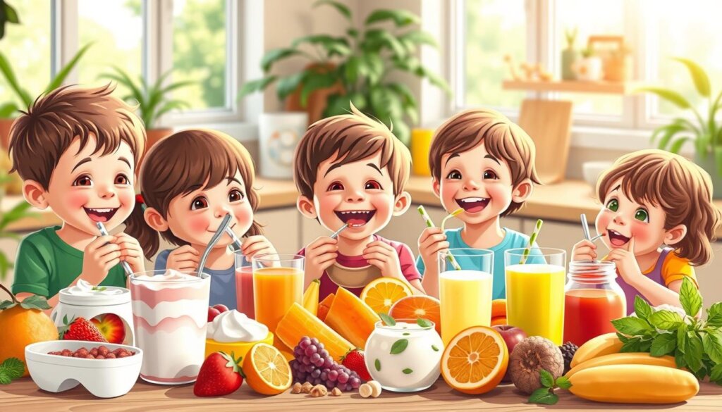 A well-lit, vibrant illustration depicting a group of cheerful children happily enjoying a variety of probiotic-rich foods. The foreground features a diverse array of colorful, kid-friendly probiotic snacks and drinks, such as yogurt, kefir, and fruit smoothies. In the middle ground, the children are shown enthusiastically eating and drinking these healthy probiotic-infused items, their faces beaming with delight. The background showcases a warm, inviting kitchen setting with lush greenery, natural light, and a sense of calm and wellness. The overall composition conveys a message of probiotic safety, enjoyment, and the importance of gut health for children.