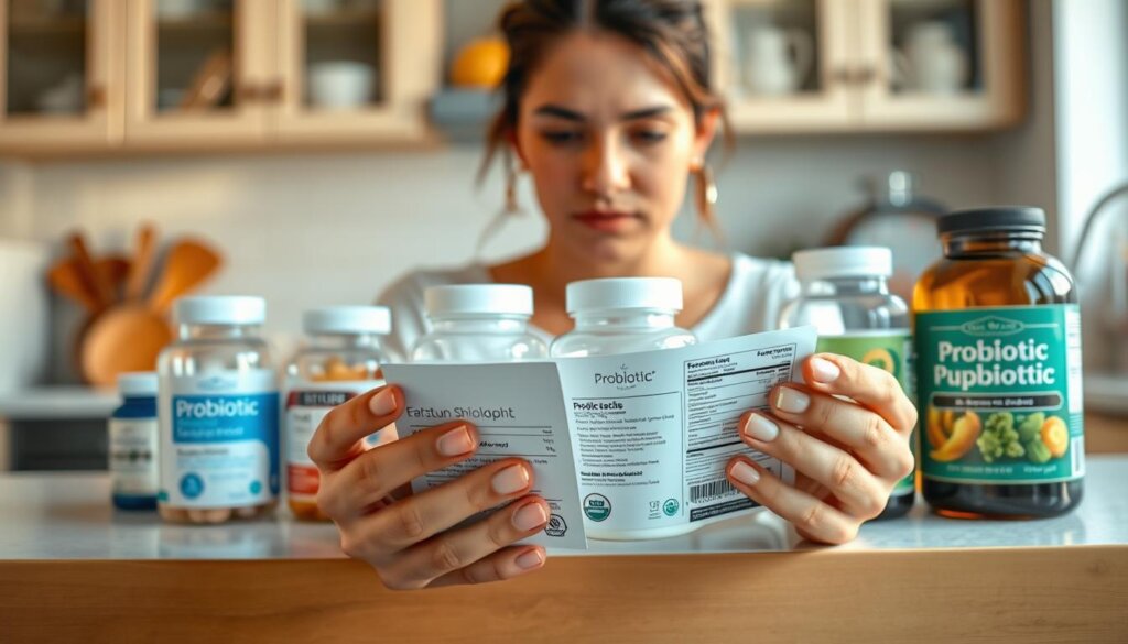 An airy, well-lit kitchen counter with neatly arranged glass jars and bottles of probiotic supplements, their labels clearly visible. In the foreground, a person's hands carefully examining and comparing the product features, with a thoughtful, focused expression. The background gently blurred, highlighting the products as the central focus. Warm, natural lighting casts a soft glow, creating a serene, informative atmosphere that conveys the importance of making an informed choice when selecting probiotic supplements.