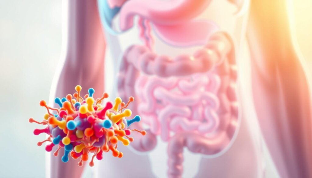 An detailed illustration of probiotics and lactose digestion, featuring a close-up view of the human digestive system. In the foreground, a vibrant colony of probiotic bacteria, represented by colorful, abstract shapes, are depicted actively breaking down lactose molecules. The middle ground showcases the internal organs involved in the digestive process, such as the stomach and intestines, rendered in a semi-realistic, cross-sectional style. The background depicts a soothing, pastel-toned environment, evoking a sense of wellness and balance. The lighting is soft and diffused, creating a calming atmosphere. The overall composition emphasizes the symbiotic relationship between probiotics and lactose digestion, conveying the potential benefits of probiotic supplementation for those with lactose intolerance.