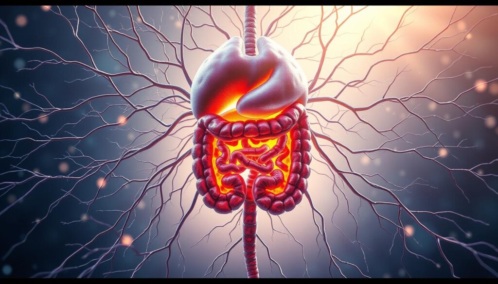 An intricate anatomical illustration showcasing the interconnected nature of the gut and brain. A central focal point depicts a cross-section of the human gut, with vibrant colors and textures representing the inflamed intestinal lining. Extending outward, neural pathways weave a complex network, connecting the gut to the brain. The background is softly lit, conveying a sense of scientific inquiry and exploration. Subtle highlights and shadows accentuate the depth and dimensionality of the scene, creating a visually captivating and informative representation of the gut-brain connection and its role in cognitive function.