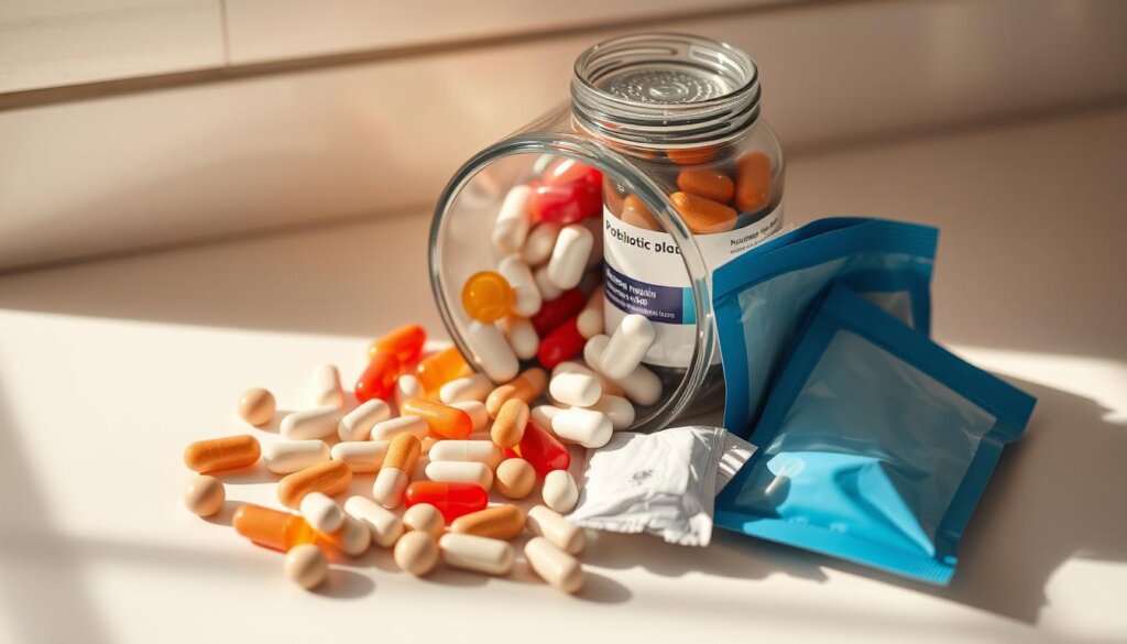 Detailed glass container filled with assorted probiotic capsules, tablets, and powder sachets arranged on a clean white countertop. Warm, natural lighting casts soft shadows, creating a sense of comfort and wellness. The container is positioned at a slight angle, allowing the varied shapes and colors of the supplements to be clearly visible. The scene conveys a sense of thoughtful preparation, highlighting the importance of proper dosage and presentation for travelers seeking to maintain gut health on the go.