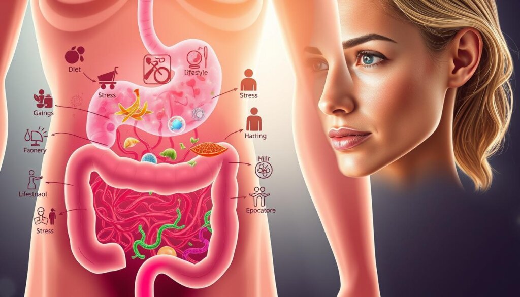 Detailed illustration depicting the lifestyle impact on the gut-skin axis. In the foreground, a person's abdomen and gut area with colorful microbiome organisms, representing a healthy gut. In the middle ground, various lifestyle factors such as diet, stress, and environmental exposures interacting with the gut. In the background, the person's face and skin, showcasing the visible effects of gut health on skin condition, with a glowing, radiant complexion. Bright, natural lighting illuminates the scene, emphasizing the interconnectedness of the gut-skin axis. Rendered in a realistic, scientific style to convey the medical and wellness-focused nature of the subject matter.