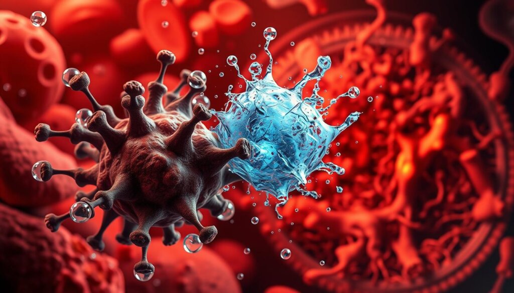Detailed illustration of free radicals and inflammation. In the foreground, a cluster of reactive oxygen species and other free radicals swirling around, their chaotic energy palpable. In the middle ground, inflamed tissue with reddened, swollen cells and vascular dilation. The background depicts a microscopic view of damaged cellular structures and disrupted pathways. Dramatic lighting casts dramatic shadows, heightening the sense of turbulence and distress. The composition conveys the destructive, destabilizing impact of oxidative stress and inflammation on the body's systems. A technical, scientific aesthetic with a sense of biological urgency.