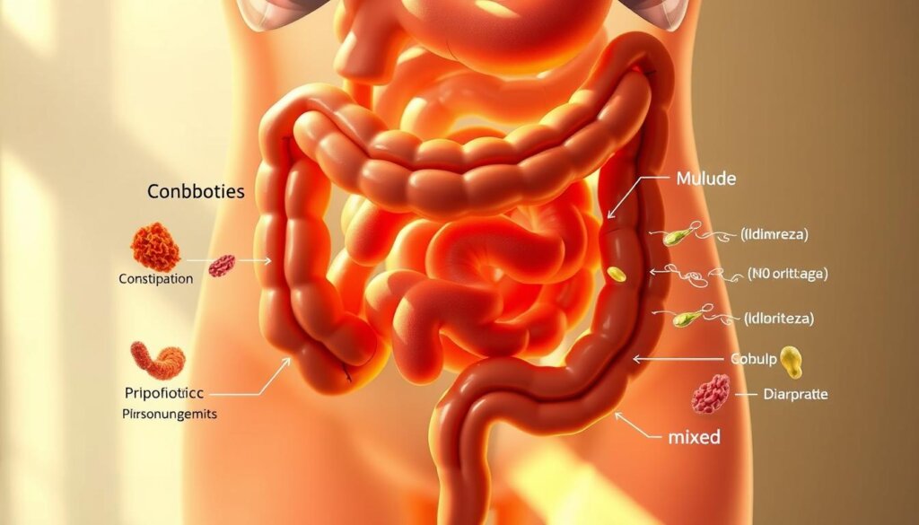 Detailed medical illustration depicting the different subtypes of Irritable Bowel Syndrome (IBS) and the corresponding probiotic strains that can help manage their symptoms. The image shows a cross-section of the human gut, with different regions highlighted to represent the IBS subtypes - constipation, diarrhea, and mixed. Beside each subtype, various probiotic strains are illustrated as microscopic organisms, visually connecting the IBS condition to the potential treatment. The scene is illuminated by soft, natural lighting, creating a warm, informative atmosphere. Rendered in a realistic, scientific style with high attention to anatomical accuracy and visual clarity to aid in educational purposes.