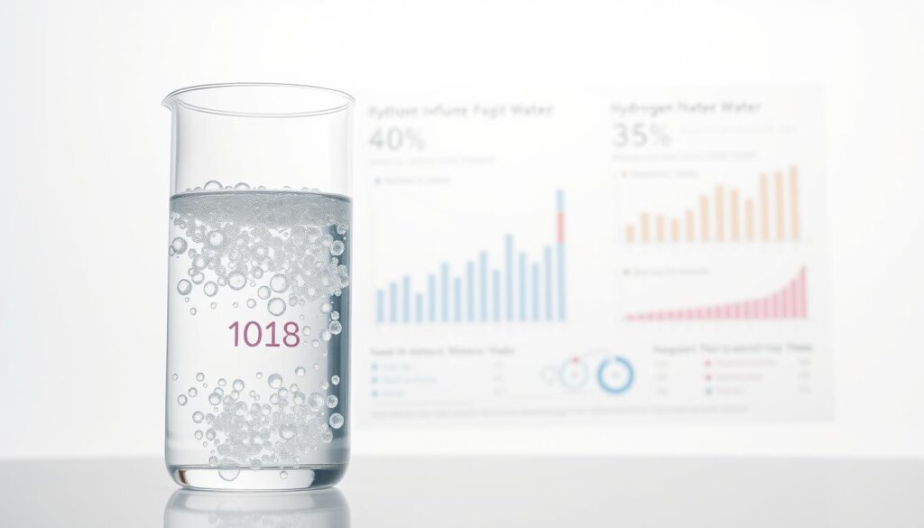 Detailed medical study results on a sleek, minimalist white backdrop. In the foreground, a glass beaker filled with clear, bubbling hydrogen-infused water, casting a soft, ethereal glow. In the middle ground, crisp, clinical charts and graphs conveying data on the effects of hydrogen water consumption. The background features a subtle, professional-grade lighting setup, emphasizing the scientific nature of the imagery. The overall tone is one of authoritative, evidence-based wellness information, suitable for an article exploring the potential impact of hydrogen water on acid reflux.