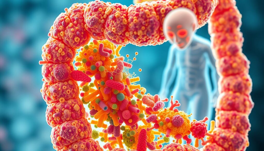 Detailed microscopic view of a diverse gut microbiome against a backdrop of an aging human body. Vibrant, colorful colonies of bacteria, yeasts, and other microorganisms thriving in the intestinal tract. Overlaying this, a semi-transparent three-dimensional rendering of an elderly figure, their form fading into the background. Soft, diffused lighting illuminating the scene, creating a sense of depth and introspection. The composition conveys the symbiotic relationship between the gut microbiota and the aging process, highlighting their importance for overall wellness and longevity.