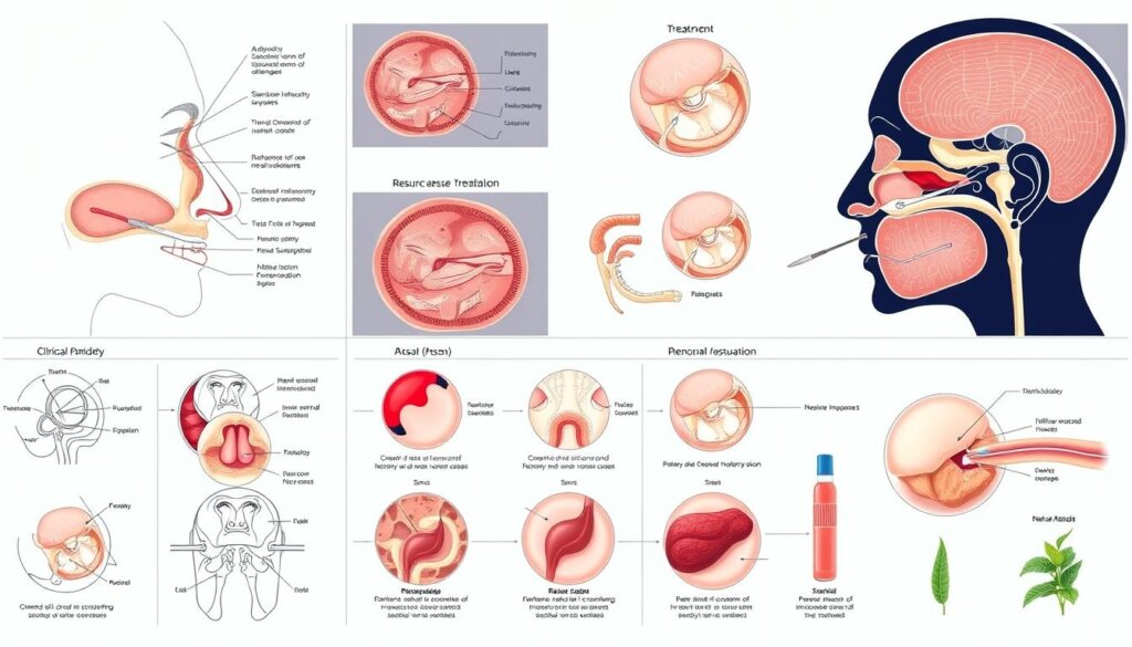 Detailed scientific diagrams and medical illustrations depicting various clinical studies and trials related to sinusitis treatment. Crisp, high-resolution images showcasing cross-sections of the nasal and sinus cavities, illustrations of inflammation and sinus blockages, and visualizations of different therapeutic approaches such as medicinal treatments, surgical procedures, and natural remedies. The illustrations should convey a sense of scientific objectivity and medical professionalism, with a clean, minimalist aesthetic and neutral color palette. Precise anatomical details, technical annotations, and subtle lighting to emphasize the clinical and research-oriented nature of the subject matter.