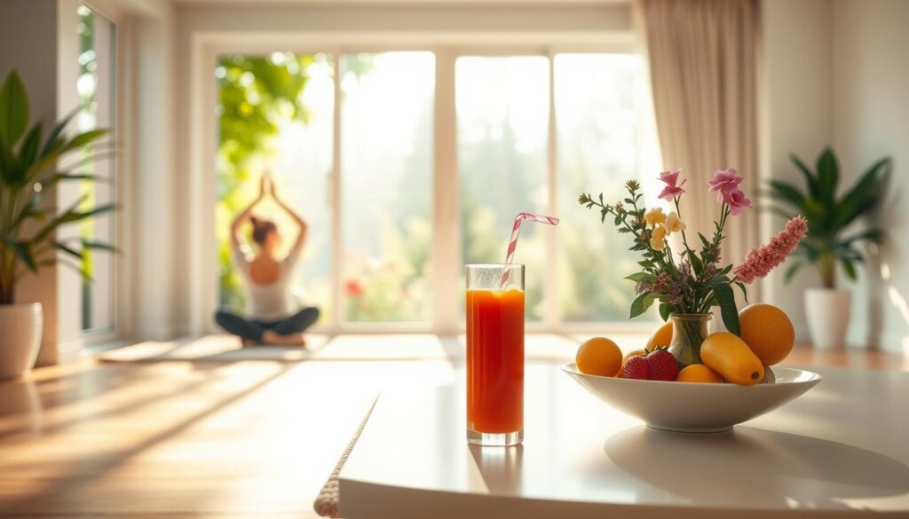 Lifestyle factors for detox: a serene scene with a calming atmosphere. In the foreground, a person practicing yoga on a plush mat, sunlight filtering through lush greenery. In the middle ground, a simple yet elegant table with a glass of freshly pressed juice, a bowl of vibrant fruits, and a vase of fragrant flowers. The background features an airy, minimalist interior with large windows overlooking a tranquil garden. Soft, warm lighting and a sense of balance and harmony pervade the scene, evoking a holistic, restorative environment for effective mold detox.