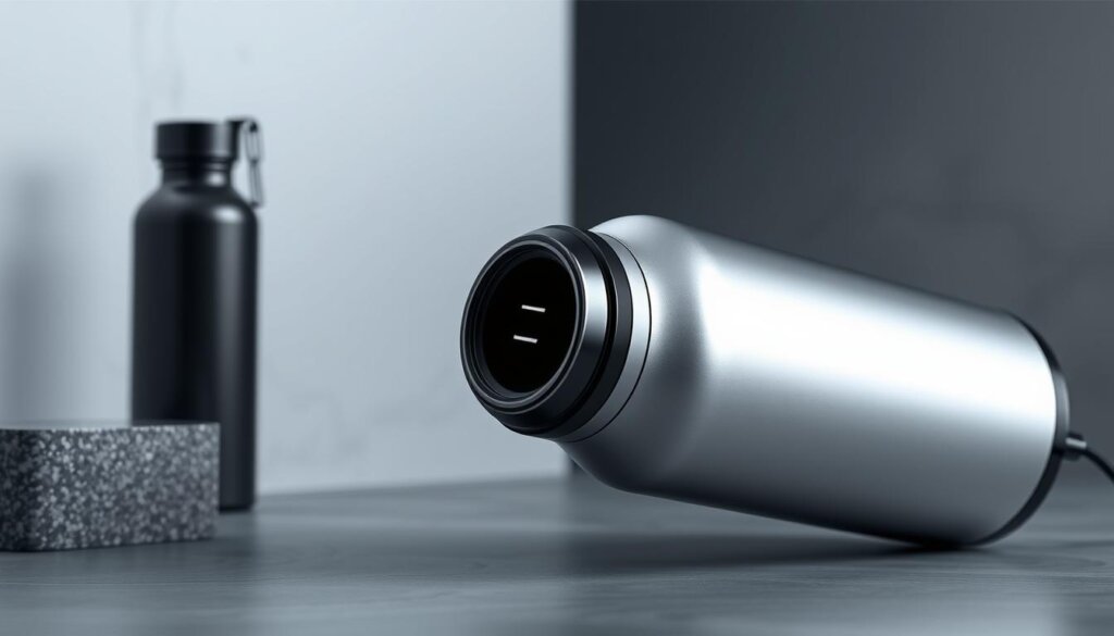 premium hydration materials design, ultra-modern water bottle with sleek, brushed aluminum body, USB charging port, and LED battery indicator, set against a stylish minimalist background with soft ambient lighting, clean lines, and a sense of sophistication and luxury, close-up view showcasing the premium materials and attention to detail, high-quality render with realistic textures and materials, professional product photography style