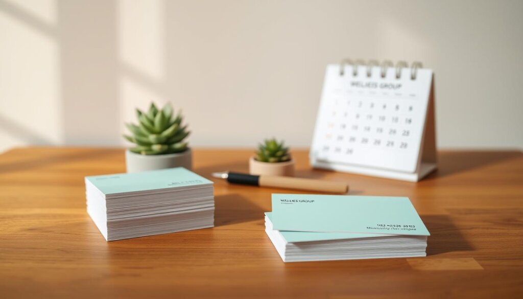 wellness group contact details, rendered in a clean, minimalist style with a warm, natural lighting. In the foreground, a stack of business cards in various pastel shades, neatly arranged on a wooden surface. The middle ground features a modern desk calendar, a pen, and a small succulent plant, creating a serene, balanced composition. The background is slightly blurred, revealing a simple, light-colored wall, emphasizing the focus on the key contact information elements. The overall mood is professional, organized, and inviting, reflecting the wellness group's approachability and attention to detail.