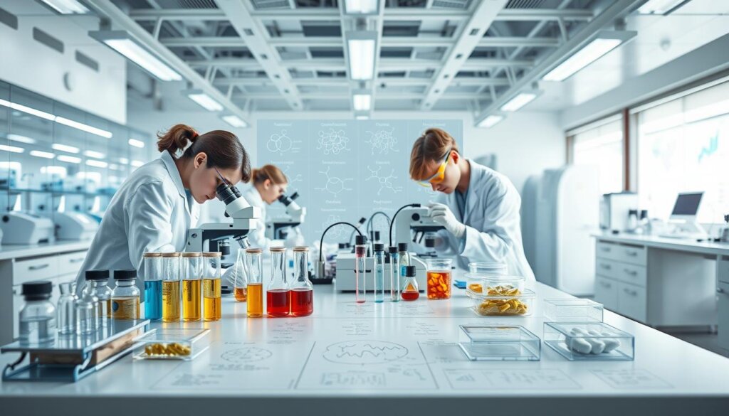 A brightly lit laboratory setting, with a central table showcasing various test tubes, petri dishes, and scientific instruments. In the foreground, a team of researchers in white lab coats and protective eyewear closely examining sample cultures under high-powered microscopes. The middle ground features detailed diagrams and charts depicting the molecular structures and genetic profiles of diverse probiotic strains. The background blurs into a clean, sterile environment with sleek, state-of-the-art equipment, suggesting a cutting-edge research facility dedicated to analyzing the complex interactions and benefits of probiotic microorganisms. The overall atmosphere is one of meticulous scientific inquiry and a desire to uncover the intricacies of gut health and metabolic well-being.