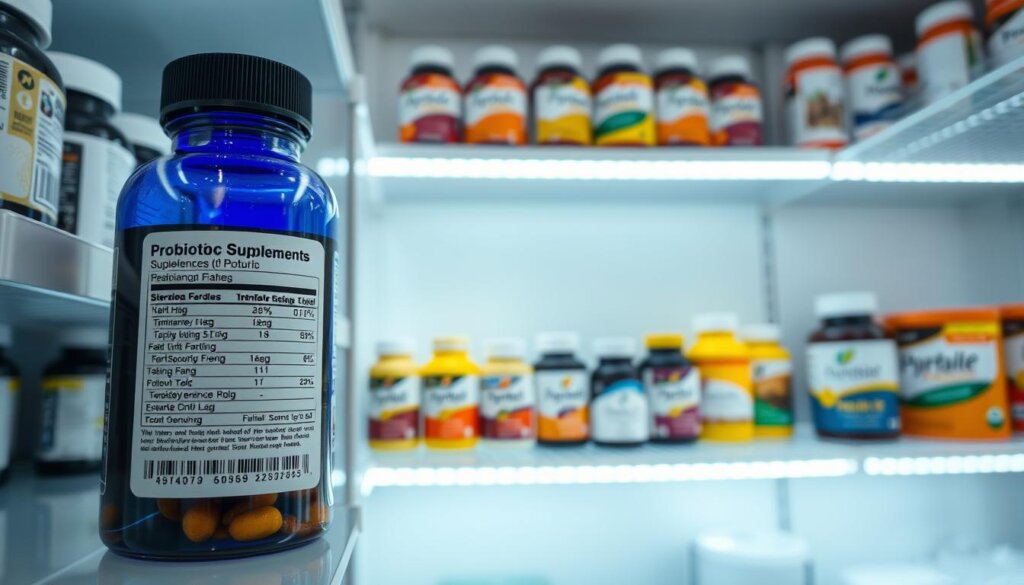 A brightly lit shelving unit showcases an array of probiotic supplements, each bottle meticulously organized and labeled. The foreground features a close-up of a single bottle, its label highlighting key information about storage conditions and expiration dates. In the middle ground, additional shelves display a variety of probiotic products, each with their own unique packaging and branding. The background depicts a clean, minimalist interior, with indirect lighting casting a warm, inviting glow over the scene. The overall atmosphere conveys a sense of professionalism, attention to detail, and a focus on maximizing the shelf life and efficacy of these health-promoting supplements.