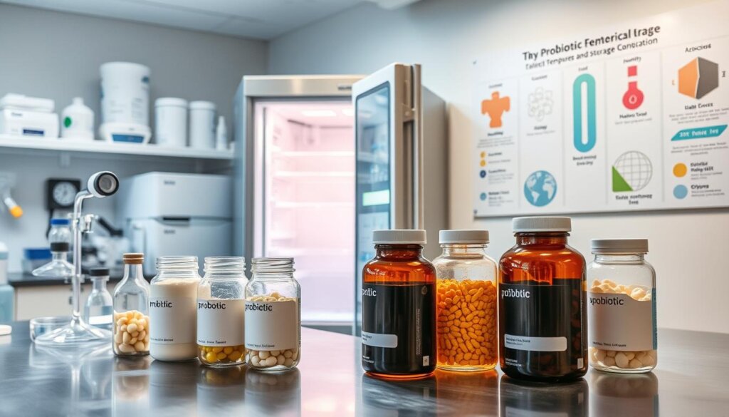 A clean, well-lit laboratory setting with various scientific instruments and equipment arranged neatly on a stainless steel counter. In the foreground, several glass jars and bottles containing different probiotic strains, each labeled with their specific strain names. The middle ground features a modern refrigerator unit, its door open to reveal the controlled temperature environment inside, highlighting the ideal storage conditions for probiotics. The background showcases a wall-mounted display board with diagrams and infographics detailing the key factors that influence proper probiotic storage, such as temperature, humidity, light exposure, and oxygen levels. The overall scene conveys a sense of precision, organization, and the importance of carefully managing the storage environment to maintain the potency and efficacy of probiotic supplements.