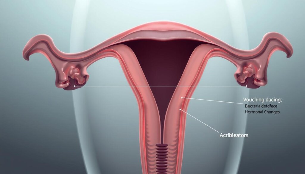 A clinical illustration of the vaginal canal, showcasing the common causes and symptoms of pH imbalance. The foreground depicts the inner vaginal walls, with a focus on the delicate balance of bacteria and acidity levels. The middle ground highlights key factors that can disrupt this equilibrium, such as douching, antibiotics, and hormonal changes. The background fades into a neutral, scientific atmosphere, conveying a sense of medical objectivity. Rendered in a clean, clinical style with muted colors, subtle lighting emphasizes the anatomical details. The overall composition aims to educate and inform, presenting the information in a visually accessible manner.
