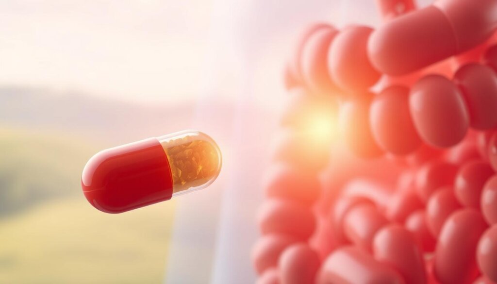 A close-up of a digestive system, with a prominent probiotic capsule in the foreground. The capsule is surrounded by a soft, hazy glow, representing the beneficial effects of probiotics on gut health. In the middle ground, a serene, pastel-colored landscape depicts the delicate balance of the intestinal flora. The background features a subtly blurred, natural motif, such as rolling hills or a lush, verdant scene, conveying a sense of wellness and harmony. The lighting is warm and diffused, creating a calming, therapeutic atmosphere. The overall composition emphasizes the central role of probiotics in maintaining a sensitive, yet resilient digestive balance.