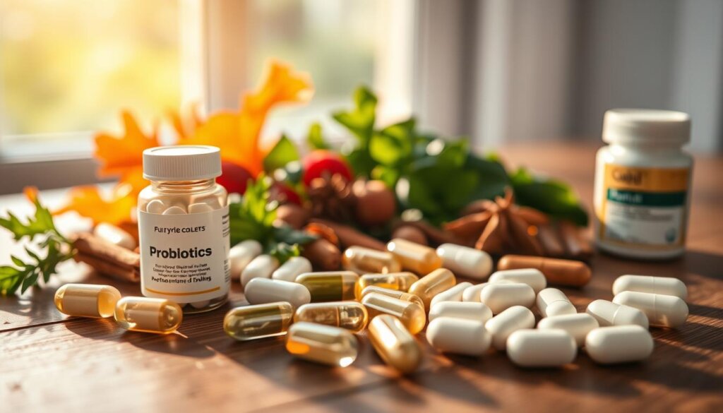 A close-up shot of several probiotic capsules and tablets, arranged neatly on a wooden surface. The foreground features the supplements in warm, natural lighting, casting soft shadows. The middle ground showcases a selection of fresh, vibrant herbs and spices, hinting at the natural ingredients. The background is a blurred, serene environment, evoking a sense of wellness and tranquility. The overall composition emphasizes the purity, quality, and efficacy of the probiotics, designed to support the immune system of senior citizens.