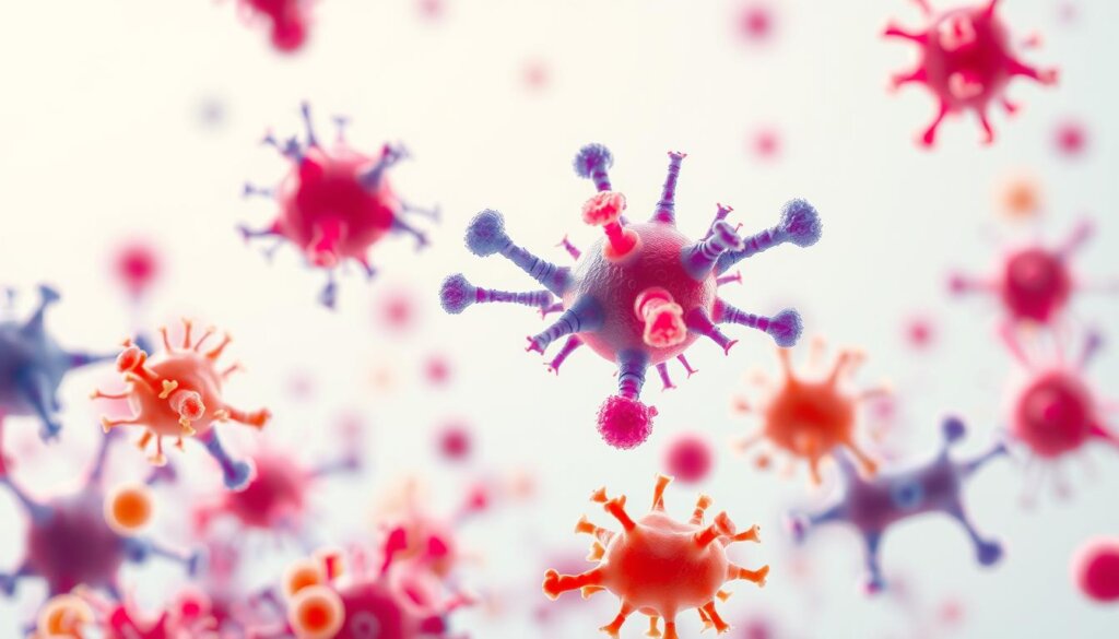 A close-up view of beneficial bacteria, scientifically depicted as vibrant, colorful cells with diverse shapes and sizes. The bacteria are shown against a clean, minimalist background with soft lighting, creating a sense of clinical precision and health-focused atmosphere. The visual composition highlights the intricate structures and patterns of the microorganisms, emphasizing their crucial role in maintaining nasal and sinus wellness. The image conveys a sense of scientific understanding and the potential therapeutic benefits of incorporating probiotics into sinus health management.