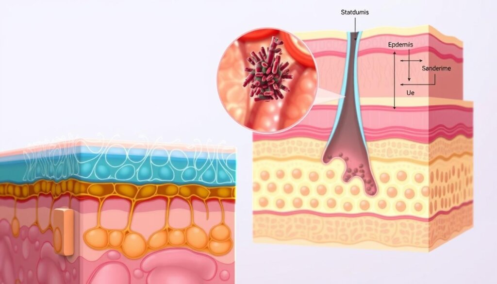 A cross-sectional illustration showcasing the skin barrier function and its role in acne development. In the foreground, a detailed microscopic view of the stratum corneum, depicting the interlocking corneocytes and the lipid matrix that form the skin's protective barrier. In the middle ground, a magnified view of a clogged pore, with sebum, dead skin cells, and bacteria visible. In the background, a schematic representation of the skin's layers, highlighting the epidermis, dermis, and the disruption of the barrier function leading to acne formation. Soft, natural lighting illuminates the scene, conveying a sense of scientific exploration and understanding. Rendered in a clean, medical illustration style with a muted color palette.