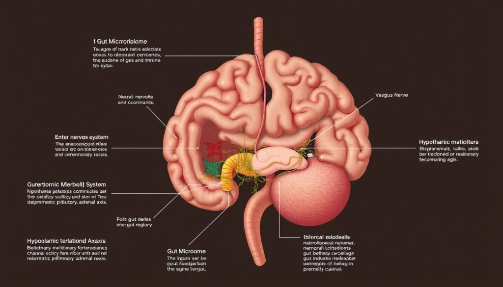 A detailed cross-section of the gut-brain axis pathways, showcasing the intricate network of neural, endocrine, and immune connections between the gastrointestinal tract and the central nervous system. The image should depict the gut microbiome, with its diverse microbial communities, interacting with the enteric nervous system, the vagus nerve, and the hypothalamic-pituitary-adrenal axis. Highlight the bidirectional communication channels, including the influence of gut-derived metabolites, neurotransmitters, and inflammatory mediators on brain function and behavior. Render this in a precise, technical style with muted, earthy tones, using a combination of realistic anatomical illustrations and schematic diagrams to convey the complexity of this gut-brain relationship.