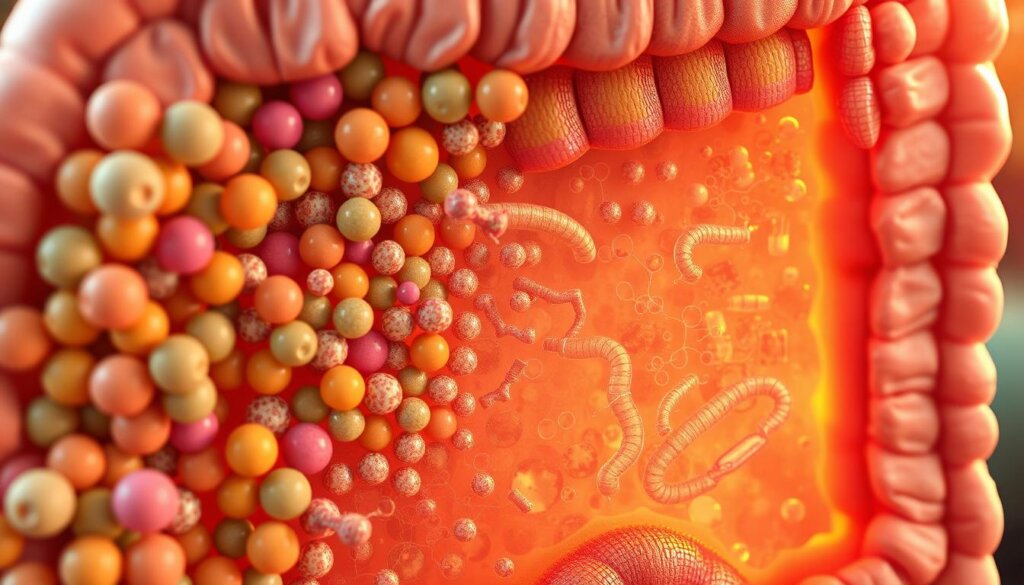 A detailed cross-section view of a healthy, diverse gut microbiome. In the foreground, a vibrant array of beneficial bacterial colonies, each with its unique shape and color - from spherical Lactobacillus to rod-shaped Bifidobacterium. The middle ground showcases the intricate network of microscopic villi and crypts lining the intestinal wall, facilitating nutrient absorption and immune function. In the background, a soft, hazy depiction of the surrounding digestive tract, bathed in a warm, natural light that accentuates the delicate balance of this vital ecosystem. Rendered with a high level of scientific accuracy and visual interest to capture the complex, yet captivating nature of the human gut microbiome.