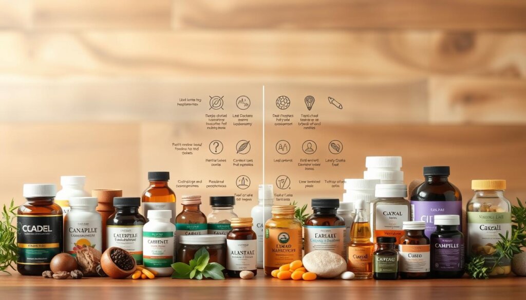 A detailed side-by-side comparison of various alternative therapies, presented in a clean, well-organized layout. In the foreground, an array of natural supplements and herbal remedies are neatly arranged, their labels and colors creating a visually appealing display. In the middle ground, a series of icons or infographic elements highlight the key features and benefits of each therapy. The background features a soft, blurred gradient in soothing earth tones, creating a calming, spa-like atmosphere. The lighting is soft and diffused, accentuating the natural, holistic feel of the scene. The overall composition conveys a sense of balance, professionalism, and informed decision-making.