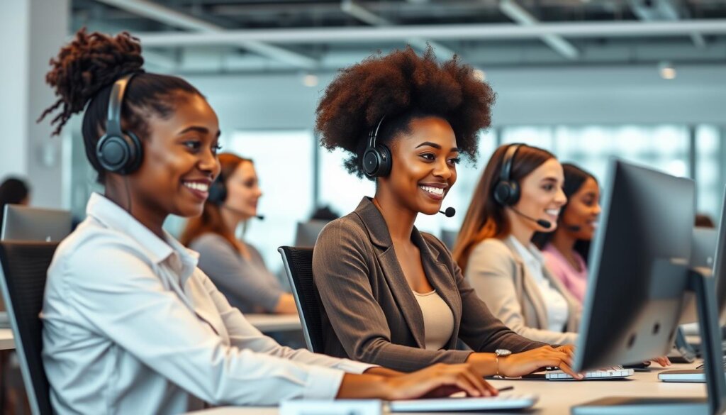 A group of friendly, professional-looking customer service representatives seated at their desks, wearing headsets and focused on their computer screens. The office environment is modern and well-lit, with clean lines and a subtle color palette. The team members have a range of skin tones, ages, and genders, creating a diverse and inclusive atmosphere. The scene conveys a sense of efficiency, competence, and a commitment to providing excellent customer support.