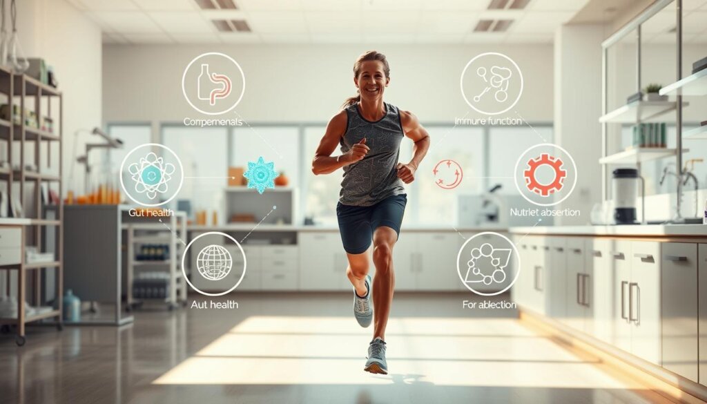 A high-resolution, photorealistic image of a person engaged in physical activity, surrounded by icons and visual cues depicting the benefits of probiotic supplementation. The foreground shows the person jogging or cycling, exuding energy and vitality. The middle ground features vibrant icons representing improved gut health, immune function, and nutrient absorption. The background contains a clean, minimalist lab environment with test tubes, microscopes, and other scientific equipment, suggesting the scientific research behind probiotics. The lighting is natural and warm, creating a sense of health and wellness. The overall composition conveys the synergistic relationship between probiotics and enhanced physical performance.