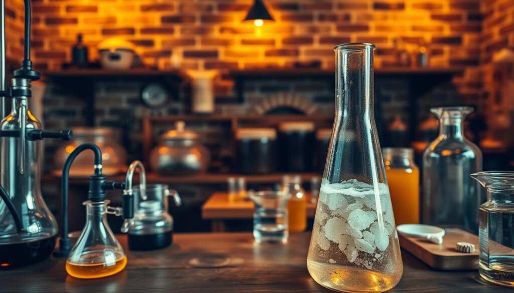 A laboratory setting with a vintage-inspired aesthetic, showcasing the intricate process of fermentation. In the foreground, a glass beaker filled with a bubbling, effervescent liquid, surrounded by scientific glassware and instruments. The middle ground features a wooden table with various fermentation vessels, such as crocks and jars, each in different stages of the fermentation cycle. The background depicts a dimly lit, rustic brick wall, casting a warm, amber glow that illuminates the scene, evoking a sense of timeless tradition. The overall composition conveys the scientific and artisanal nature of the fermentation process, a harmonious blend of old and new.