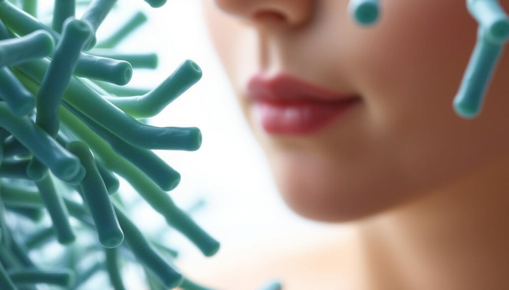 A microscopic view of Lactobacillus rhamnosus bacteria, their smooth, rod-shaped forms meticulously detailed. In the foreground, the probiotic cells appear in vibrant shades of blue and green, their cell walls and internal structures precisely rendered. The middle ground features a soft, blurred backdrop of healthy, glowing skin, hinting at the beneficial effects of the bacteria. The lighting is natural, soft, and evenly distributed, creating a serene, scientific atmosphere. The perspective is slightly angled, giving the viewer a sense of depth and emphasizing the connection between the probiotics and their impact on skin wellness.