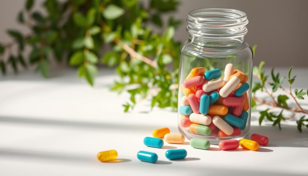 A minimalist still life featuring a glass jar filled with multicolored capsules, representing a variety of antibiotics, set against a backdrop of lush, verdant greenery symbolizing a healthy gut microbiome. Soft, diffused lighting illuminates the scene, casting gentle shadows and highlighting the contrast between the synthetic medicine and the natural, organic elements. The composition is balanced and serene, conveying the delicate interplay between antibiotics and gut balance.