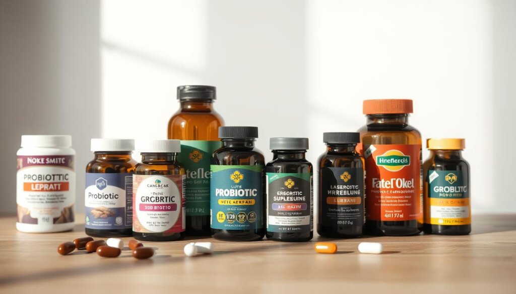 A minimalist still life featuring an assortment of probiotic supplements. The foreground showcases several colorful supplement bottles, their labels prominently displayed. The middle ground features a serene, soft-focus background, perhaps a wooden table or neutral surface, allowing the supplements to take center stage. The lighting is natural and diffused, creating a calming, inviting atmosphere. The angle is slightly elevated, giving the viewer a sense of curation and careful consideration of the subject matter. The overall mood is one of wellness, health, and thoughtful selection of probiotic supplements to maintain pH balance.