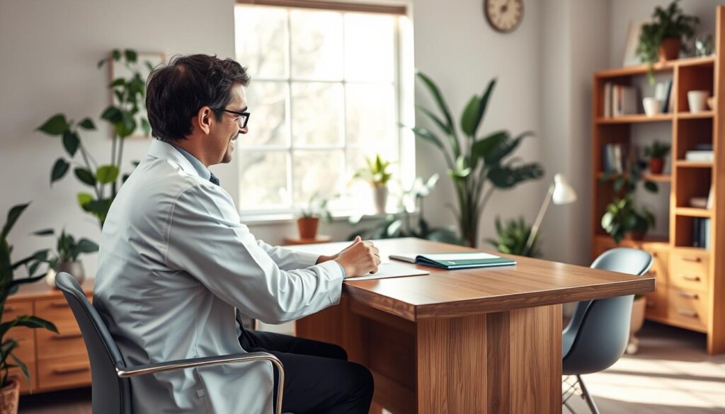 A modern, well-lit consultation room with a professional probiotic expert seated at a sleek wooden desk. The expert, a knowledgeable-looking individual in a lab coat, is engaged in a friendly discussion with a patient seated across the desk. The room is filled with plants and natural light, creating a calming, wellness-focused atmosphere. Subtle but impactful medical equipment and reference materials are visible, conveying the expert's authority and the seriousness of the consultation. The angle is slightly elevated, giving a sense of trust and confidence in the expert's guidance.