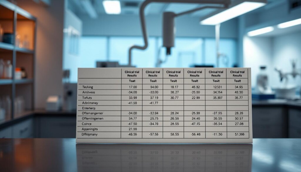A neatly organized table displaying clinical trial results, with a clean and professional aesthetic. The table is set against a backdrop of a dimly lit medical research laboratory, with subtle lighting casting a warm glow on the scientific instruments and equipment in the background. The table's columns and rows are clearly defined, presenting data in a clear and concise manner, allowing the viewer to easily interpret the key findings. The overall tone is one of authority and scientific rigor, conveying the importance and credibility of the research being presented.