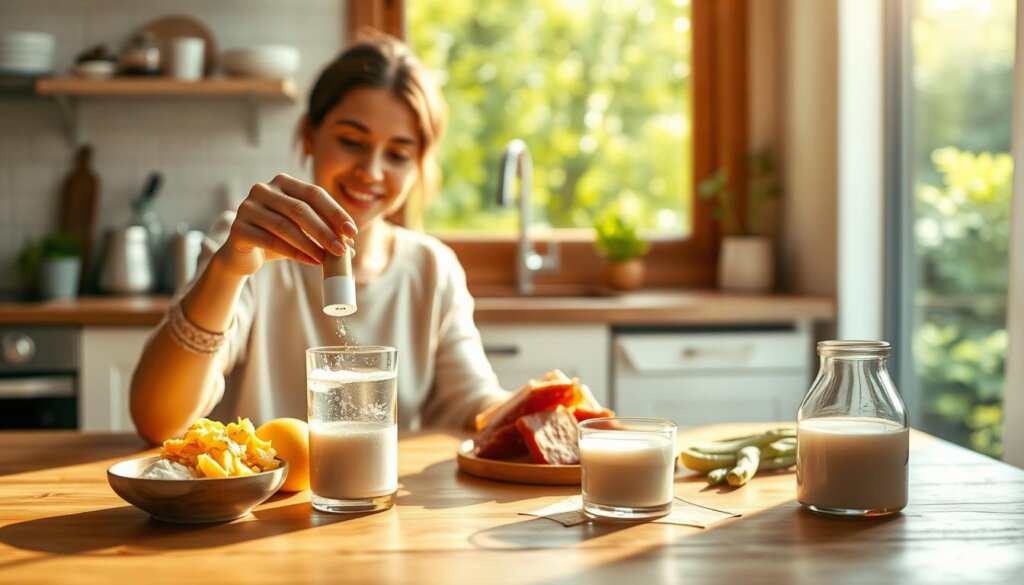 A serene and inviting kitchen scene, bathed in warm, natural lighting. In the foreground, a person sits at a wooden table, thoughtfully sprinkling probiotic powder into a glass of water. The middle ground features various probiotic-rich foods, such as yogurt, sauerkraut, and kefir, neatly arranged on the table. The background showcases a lush, verdant view through a large window, creating a sense of harmony and wellness. The overall atmosphere conveys a feeling of daily mindfulness and integration of probiotics into a healthy lifestyle.