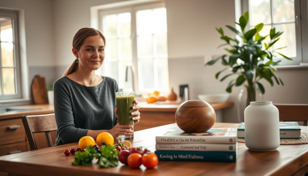 A serene kitchen scene, bathed in warm, diffuse lighting from large windows. In the foreground, a woman sits at a wooden table, enjoying a nourishing smoothie, her expression calm and contemplative. On the counter behind her, an array of fresh produce - leafy greens, berries, and citrus fruits - suggest a shift towards a gut-friendly diet. The middle ground features a stack of books on healthy eating and mindfulness, alongside a diffuser emitting soothing essential oils. In the background, a lush, potted plant and minimalist decor create a peaceful, spa-like ambiance, encouraging relaxation and self-care.