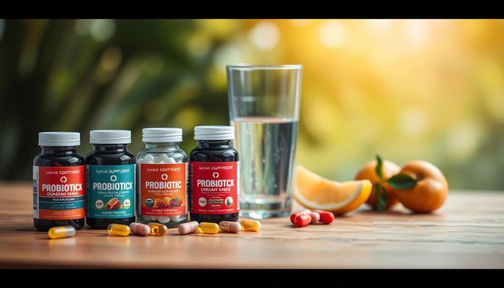 A still life arrangement showcasing the best probiotic supplements for men's urinary health. In the foreground, a row of high-quality probiotic capsules in different colors and sizes, arranged neatly on a wooden surface. In the middle ground, a glass of water and a few pieces of fresh fruit, symbolizing a healthy lifestyle. The background features a soothing natural backdrop, with soft, diffused lighting creating a warm, inviting atmosphere. The overall composition emphasizes the importance of probiotics for male urinary tract wellness, conveying a sense of trust, purity, and natural balance.