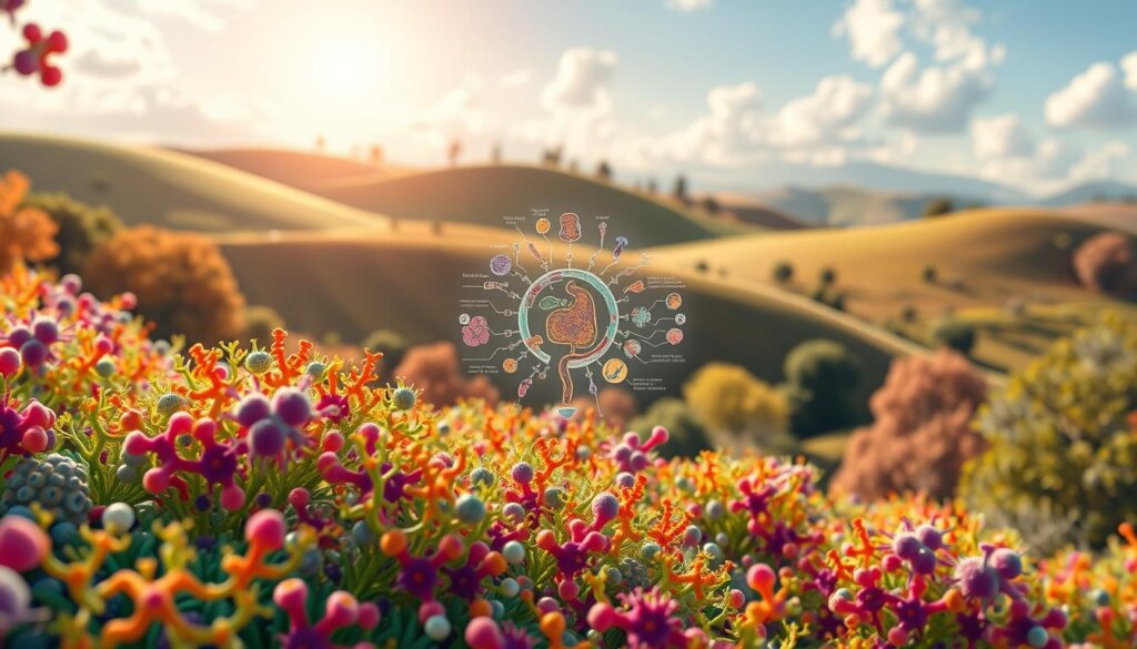 A vibrant, detailed illustration showcasing the intricate relationship between gut microbiota and immune health. In the foreground, a magnified view of diverse gut bacteria thriving in a lush, colorful environment. In the middle ground, a schematic representation of the immune system, with various immune cells interacting with the gut microbiome. The background features a serene, nature-inspired landscape, with rolling hills, sunlight filtering through trees, and a soothing, earthy color palette. The overall composition conveys a sense of harmony and balance, highlighting the crucial role of a healthy gut in supporting a robust immune system. Rendered with a realistic, high-definition style, using a wide-angle lens and soft, directional lighting to create depth and clarity.