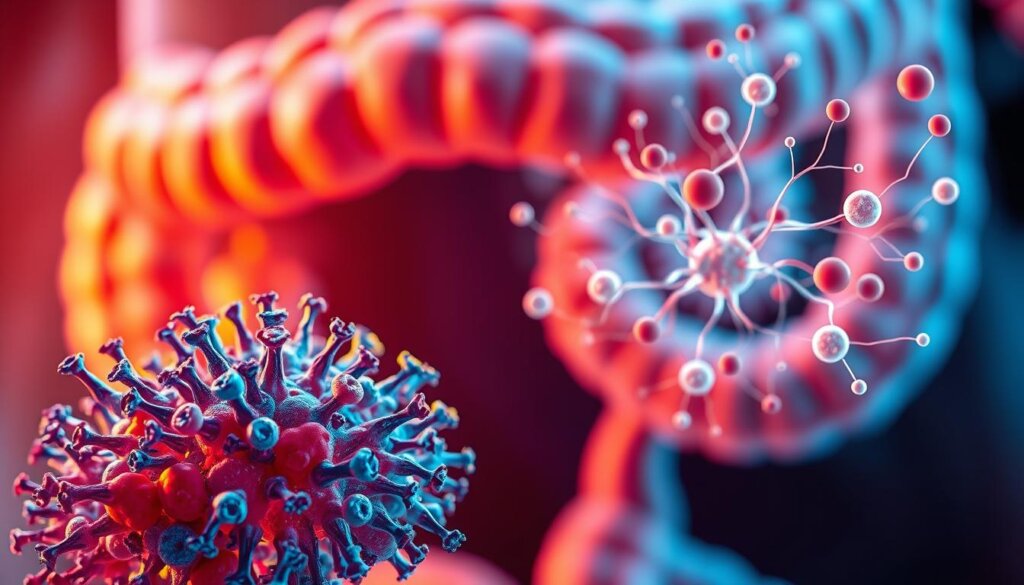 A vibrant digestive system, filled with beneficial bacteria, interacts with the immune system in a dynamic display. In the foreground, a cluster of probiotic microbes thrives, their intricate structures and vivid colors illuminated by warm, diffused lighting. The middle ground showcases the immune system's response, with white blood cells and lymphatic vessels forming a delicate network, conveying a sense of cooperation and balance. In the background, a softly blurred representation of the gut, with its intricate folds and villi, sets the stage for this essential biological collaboration. The overall mood is one of harmony and vitality, capturing the essence of how probiotics and the immune system work in tandem to maintain optimal health.